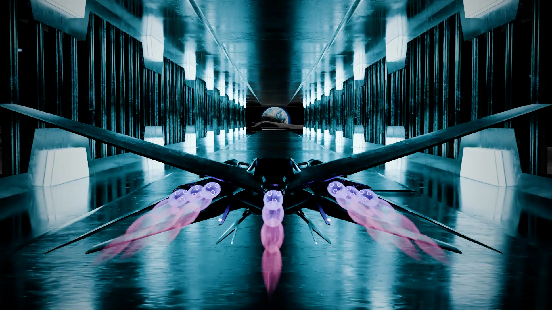 Nave espacial en corredor futurista con luces frías