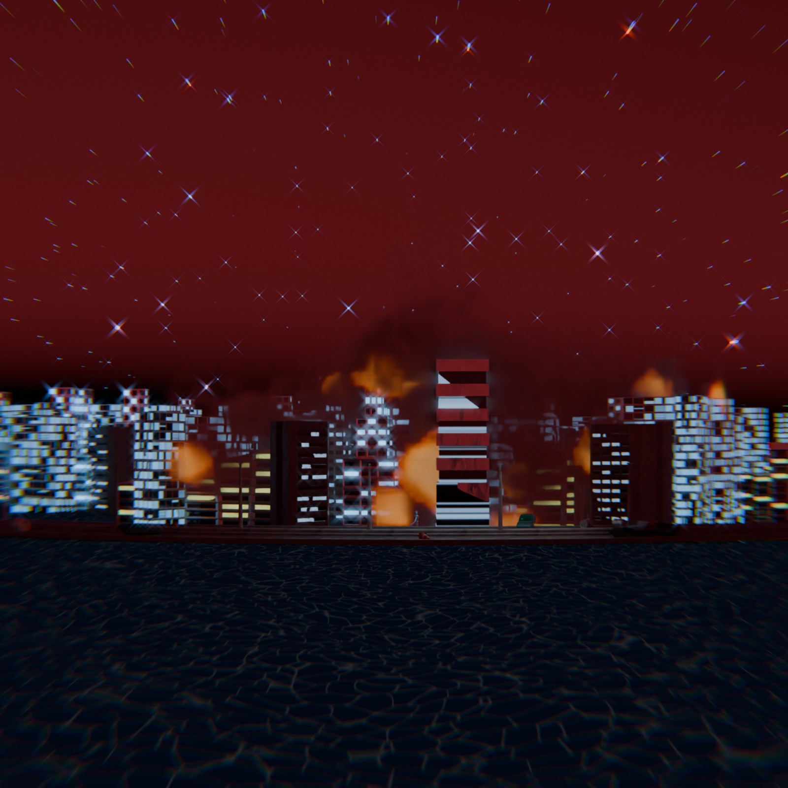 Ciudad industrial con humo y luces del proyecto Humo Polvo y Metal